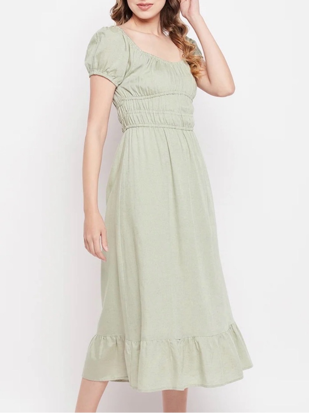 Sim & Sam Cream Linen Blend Peasant Maxi Dress with Ruffled Hem